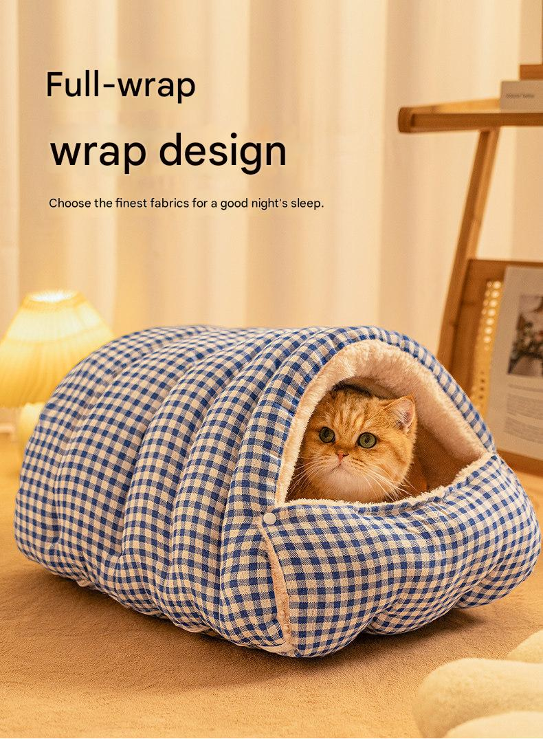 S size Green Plaid Cat Cave Bed Winter Warm Enclosed Pet House Cozy Cat view 4