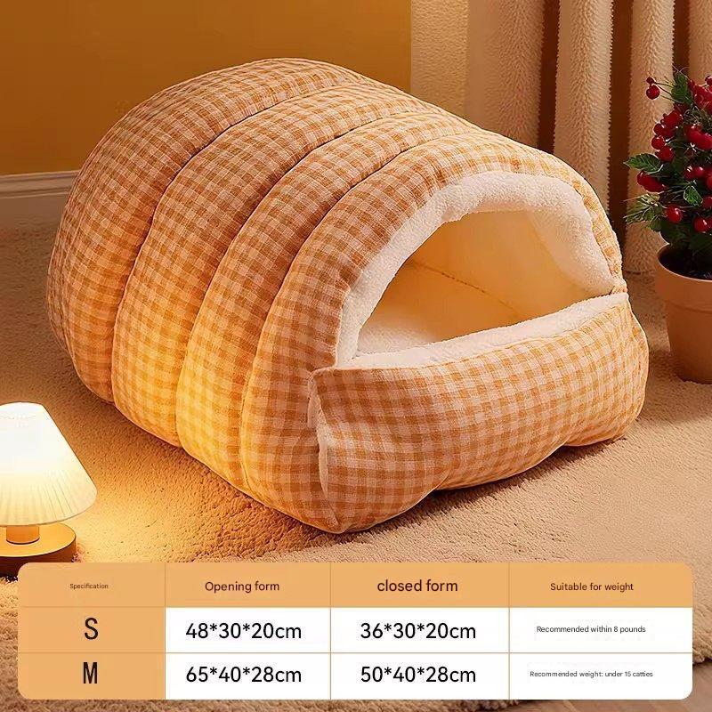 S size Orange Plaid Cat Cave Bed Winter Warm Enclosed Pet House Cozy Cat