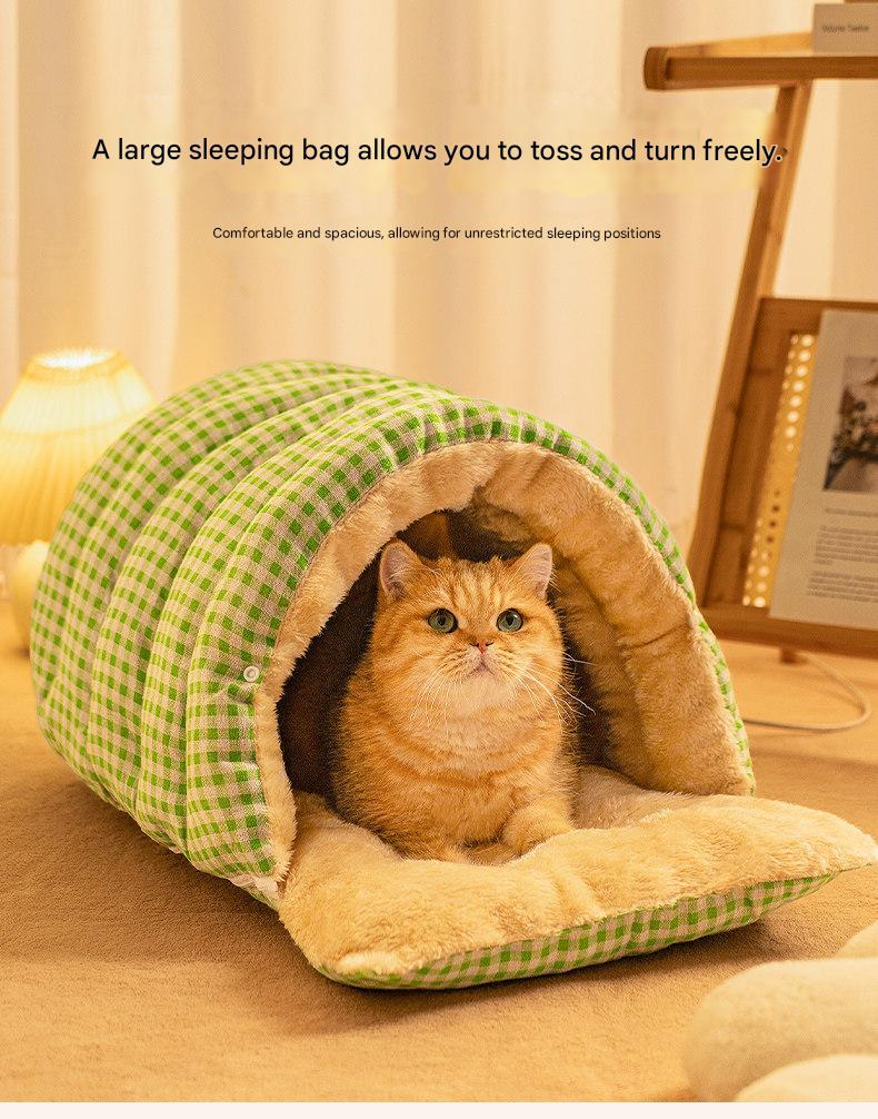 M size Yellow Plaid Cat Cave Bed Winter Warm Enclosed Pet House Cozy Cat view 5