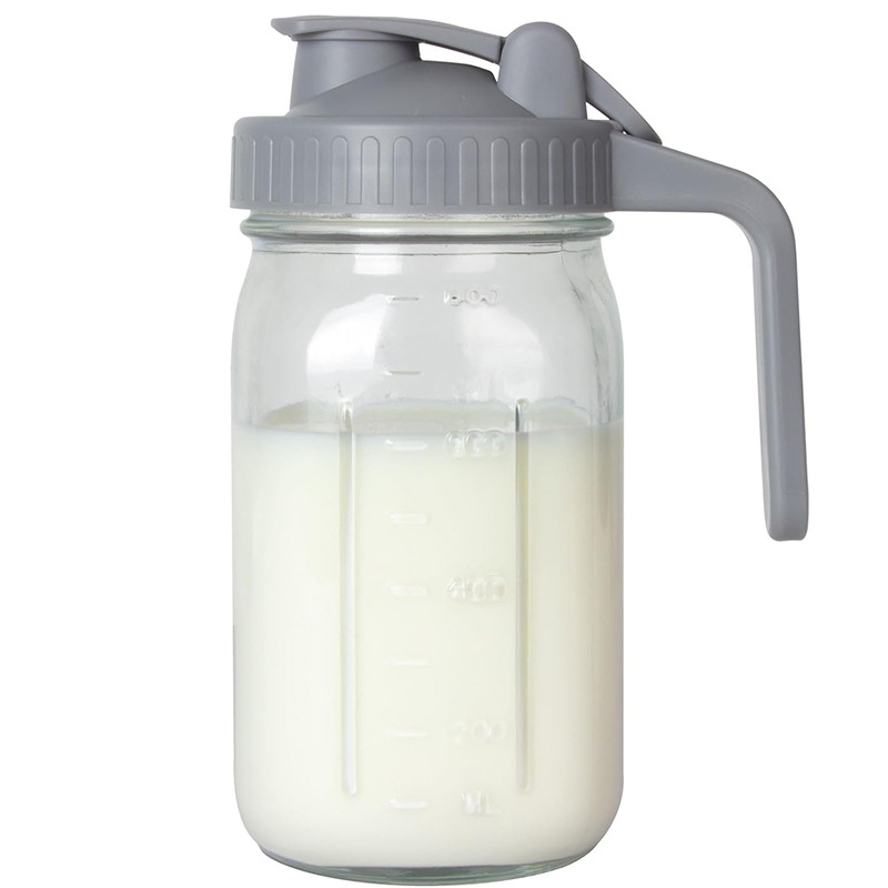 Grey Glass Mason Jar Pitcher 32oz with Flip Lid Pour Spout Milk Jug Leak-Proof