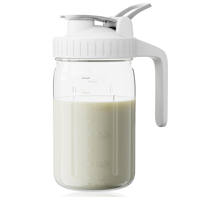 White Glass Mason Jar Pitcher 32oz with Flip Lid Pour Spout Milk Jug