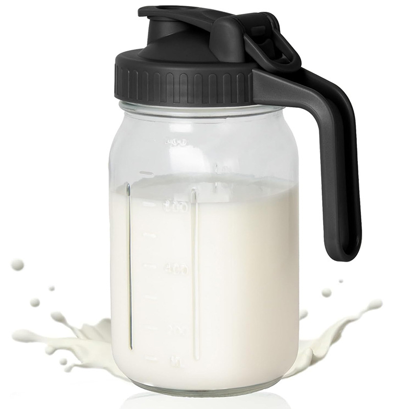 Black Glass Mason Jar Pitcher 32oz with Flip Lid Pour Spout Milk Jug
