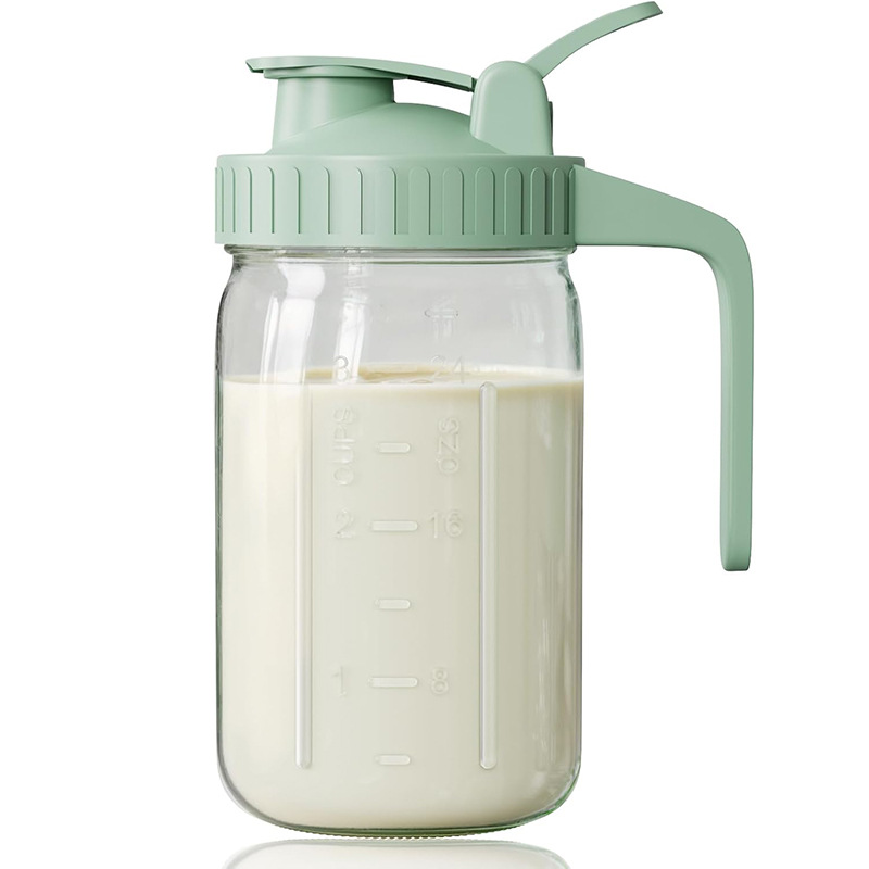 Green Glass Mason Jar Pitcher 32oz with Flip Lid Pour Spout Milk Jug