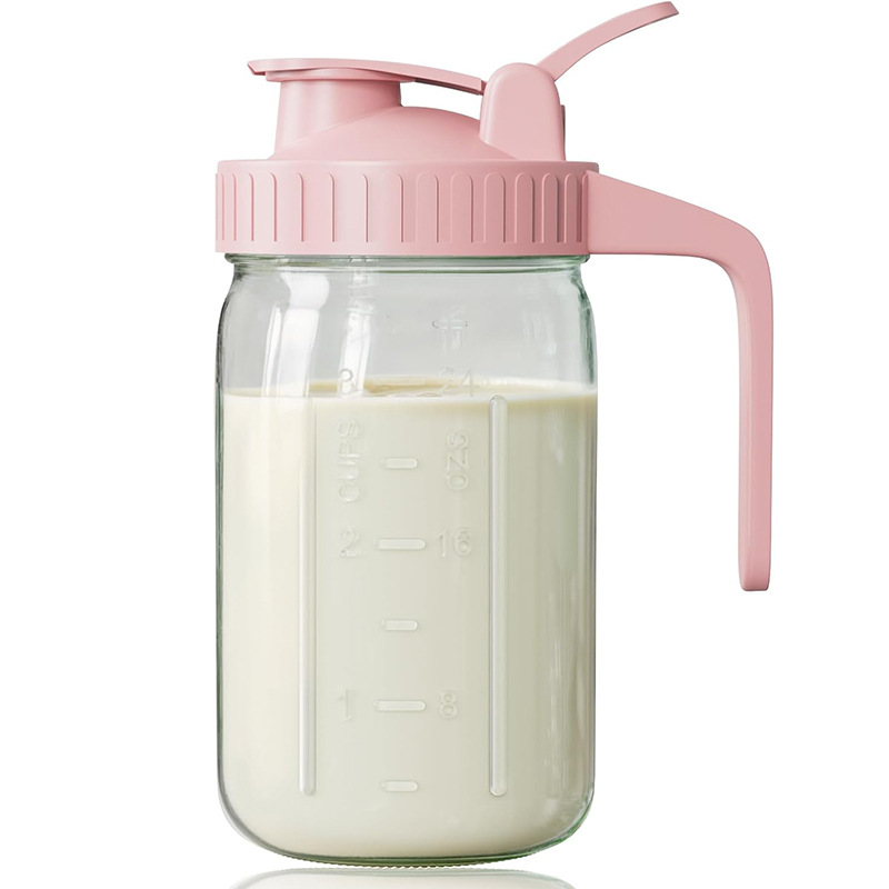 Pink Glass Mason Jar Pitcher 32oz with Flip Lid Pour Spout Milk Jug Leak-Proof