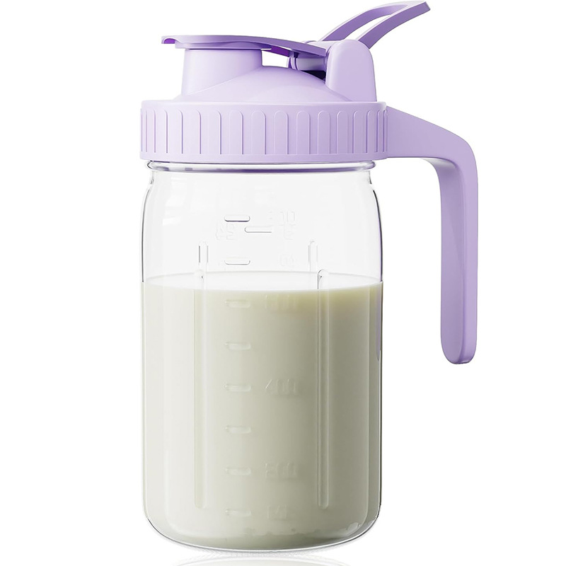 Purple Glass Mason Jar Pitcher 32oz with Flip Lid Pour Spout Milk Jug