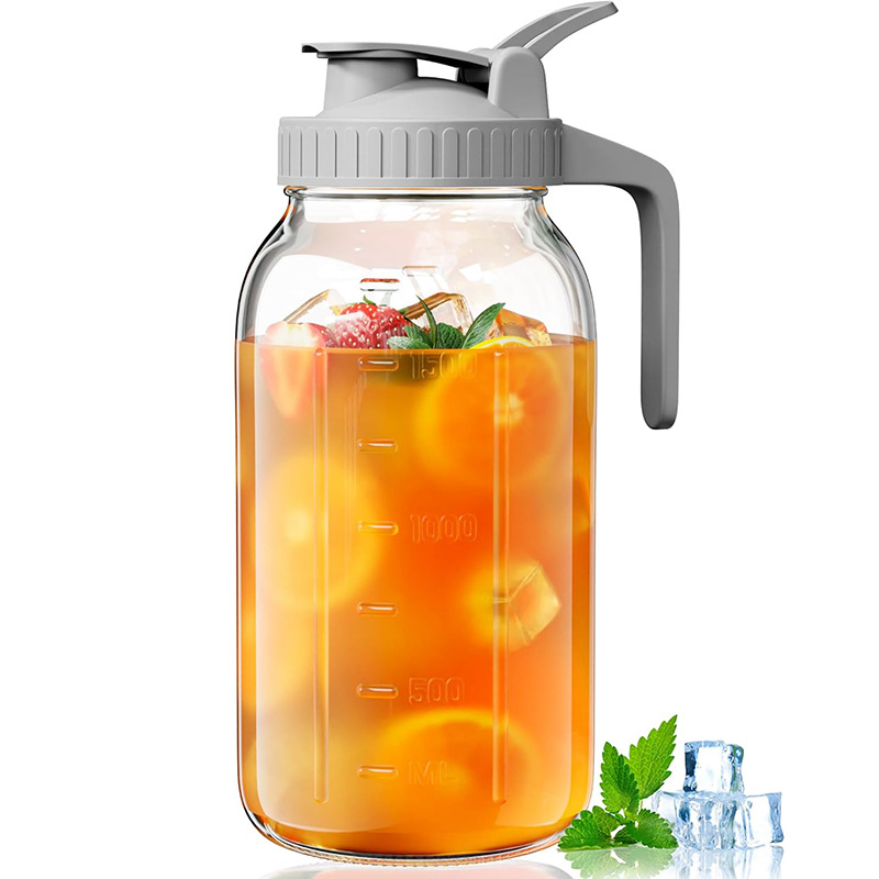Grey Glass Mason Jar Pitcher 64oz with Flip Lid Pour Spout Milk Jug Leak-Proof