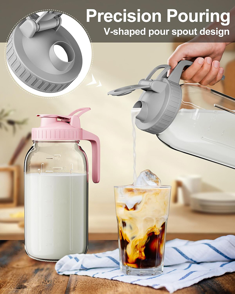 Grey Glass Mason Jar Pitcher 64oz with Flip Lid Pour Spout Milk Jug Leak-Proof view 4