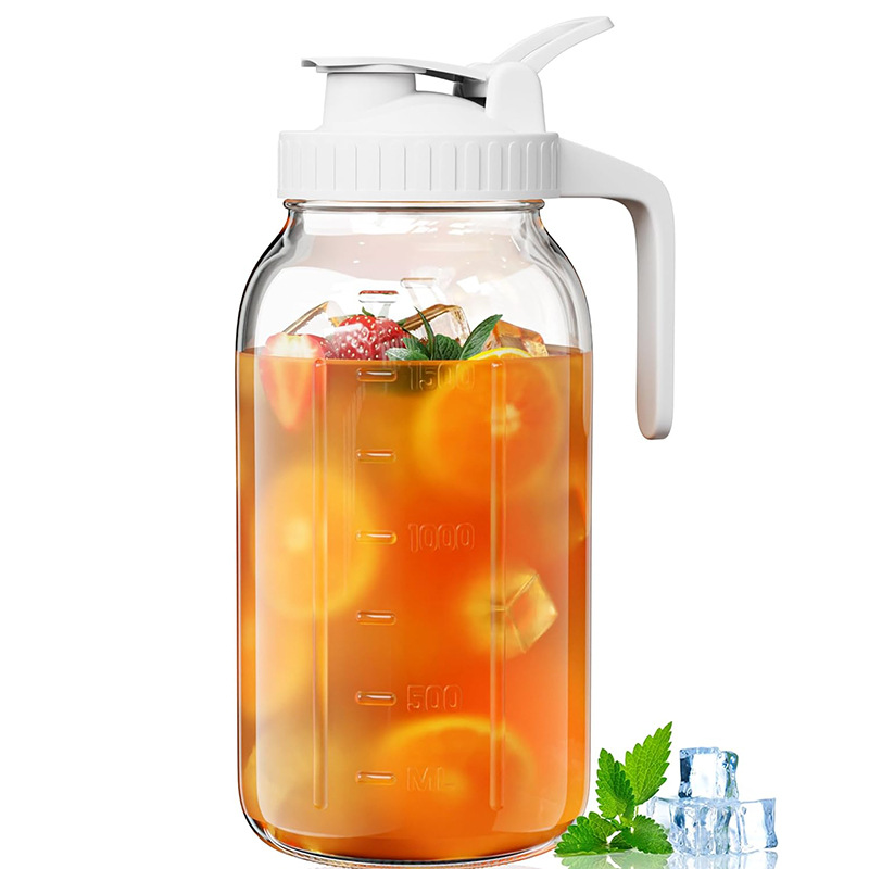 White Glass Mason Jar Pitcher 64oz with Flip Lid Pour Spout Milk Jug