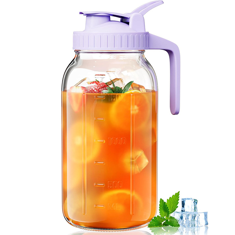Purple Glass Mason Jar Pitcher 64oz with Flip Lid Pour Spout Milk Jug