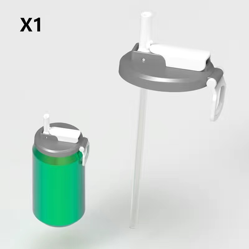 Grey Reusable Soda Can Lid with Straw and Carrying Handle - Spill-Proof