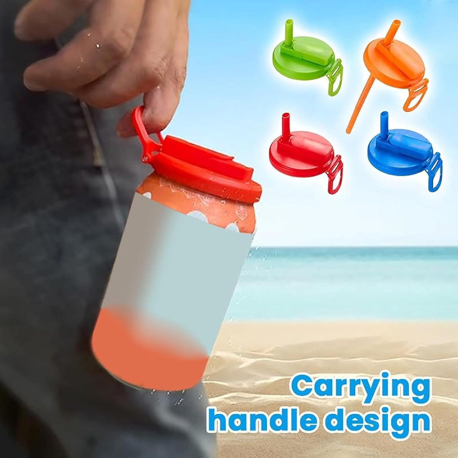 Grey Reusable Soda Can Lid with Straw and Carrying Handle - Spill-Proof view 2