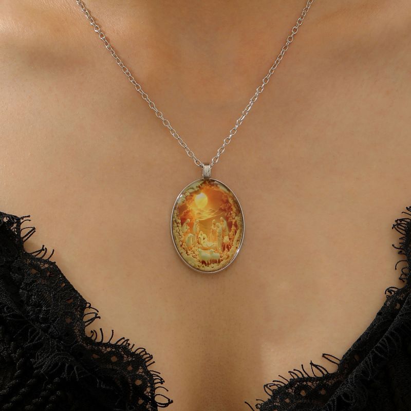 3D Nativity Scene Necklace- Oval Pendant