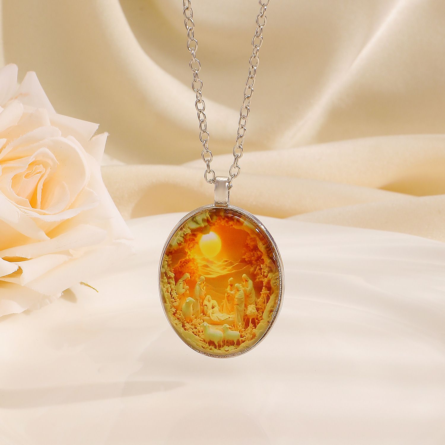 3D Nativity Scene Necklace- Oval Pendant view 2