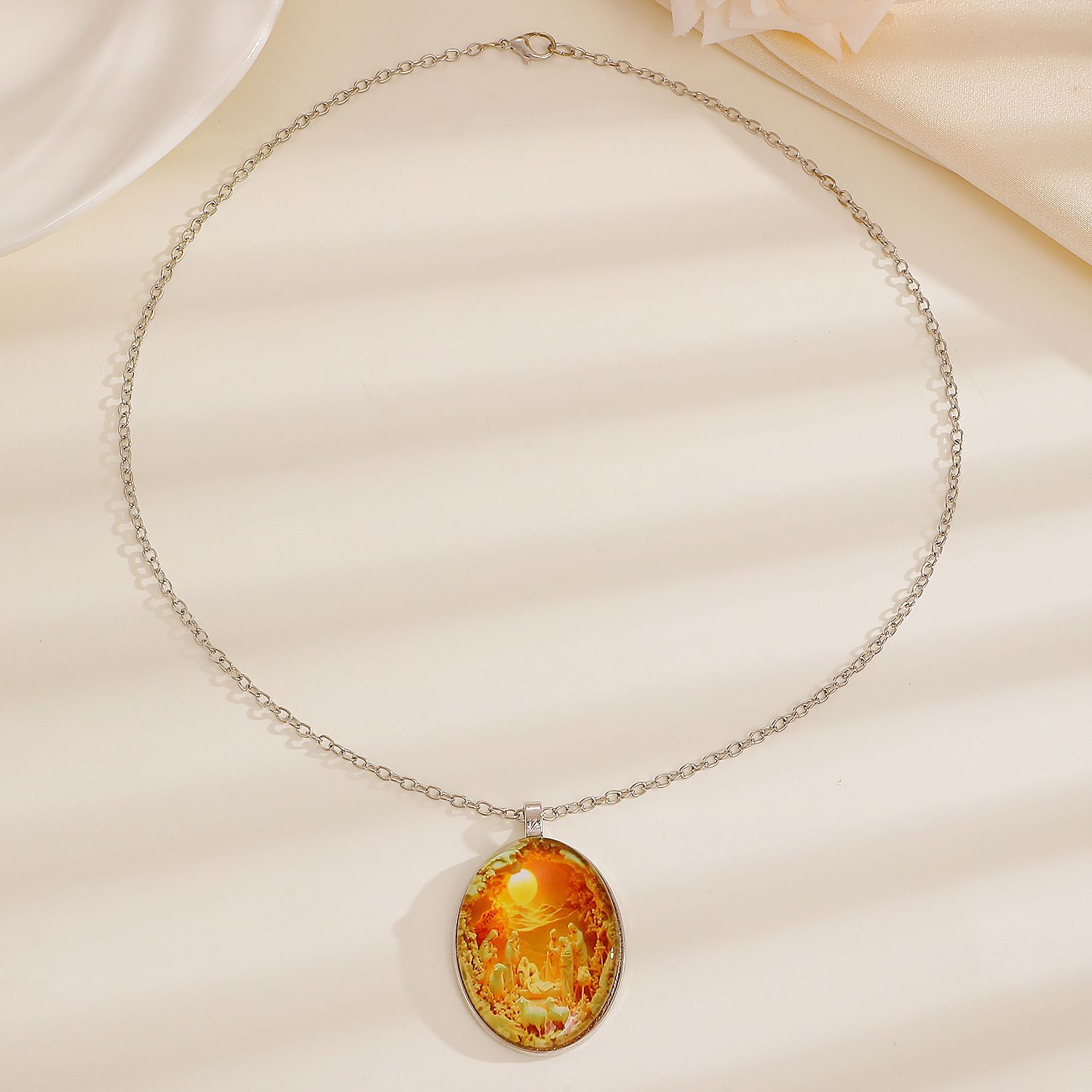 3D Nativity Scene Necklace- Oval Pendant view 3