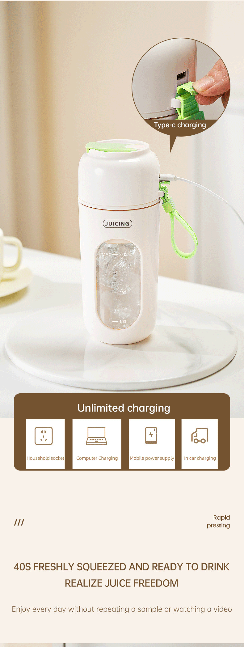 Green Portable Wireless Juicer Blender Cup - 350ml USB Rechargeable Personal view 7