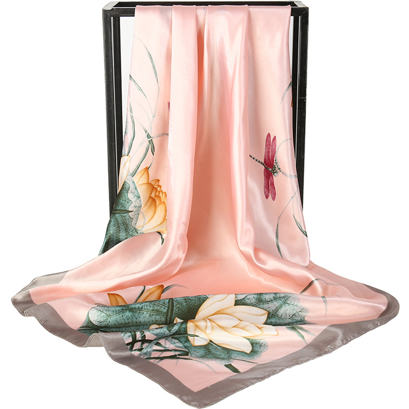 Pink Dragonfly and Lotus Flower Painting Elegant 90x90cm Satin Silk Scarf for