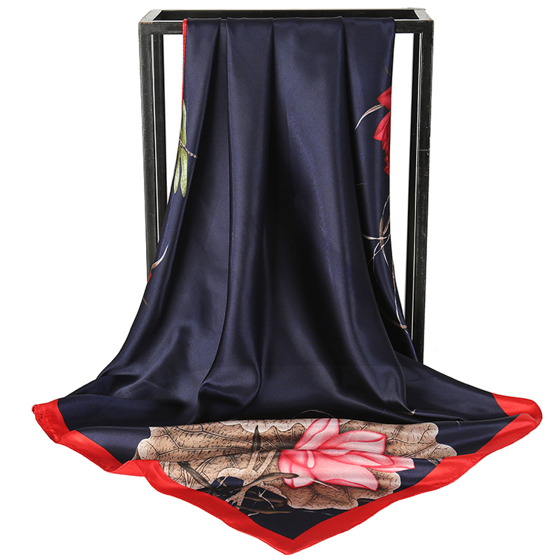 Blue Dragonfly and Lotus Flower Painting Elegant 90x90cm Satin Silk Scarf for