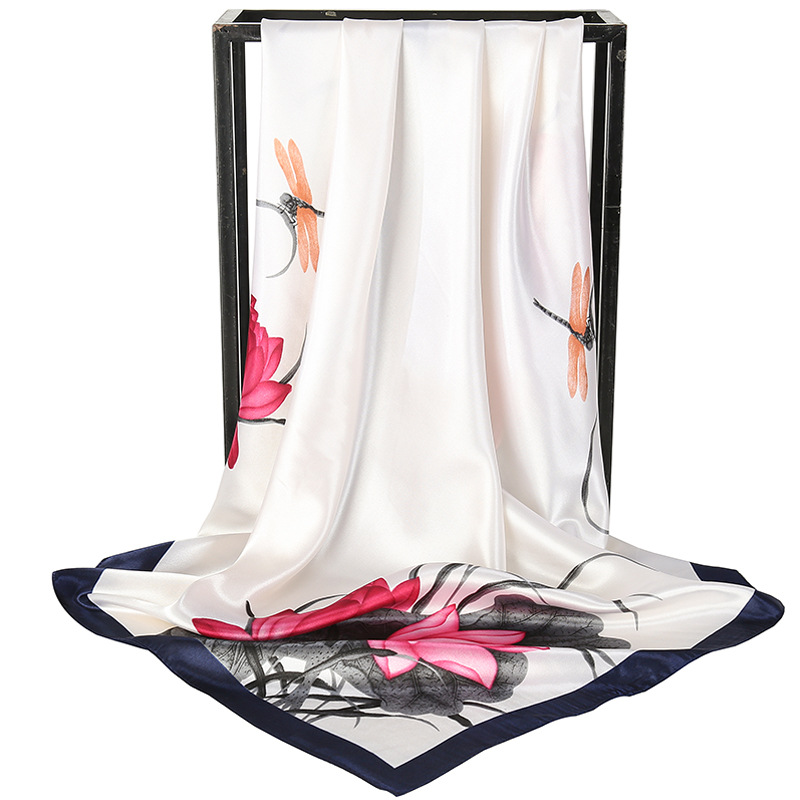 White Dragonfly and Lotus Flower Painting Elegant 90x90cm Satin Silk Scarf for