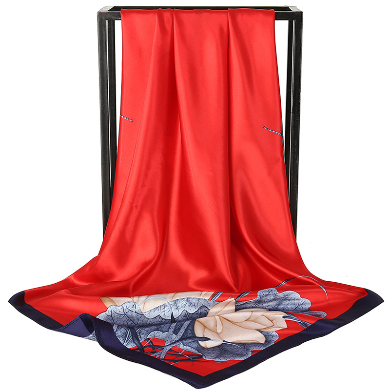 Red Dragonfly and Lotus Flower Painting Elegant 90x90cm Satin Silk Scarf for
