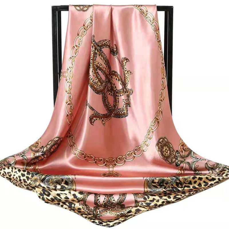 Pink Leopard Print Chain Pattern Elegant 90x90cm Satin Silk Scarf for Women
