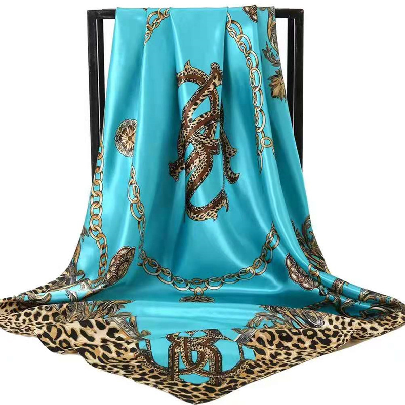 Blue Leopard Print Chain Pattern Elegant 90x90cm Satin Silk Scarf for Women