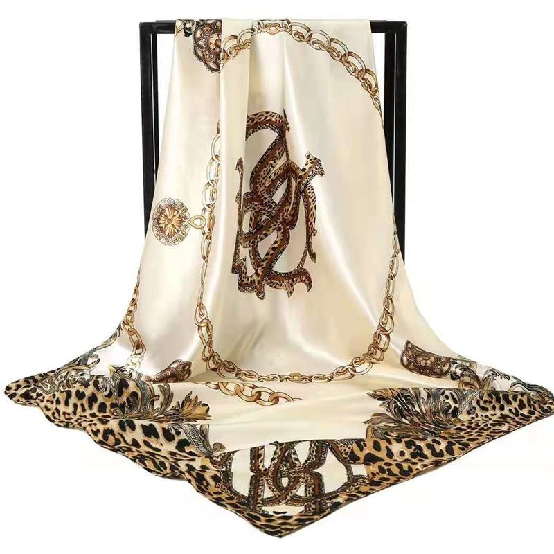 Beige Leopard Print Chain Pattern Elegant 90x90cm Satin Silk Scarf for Women