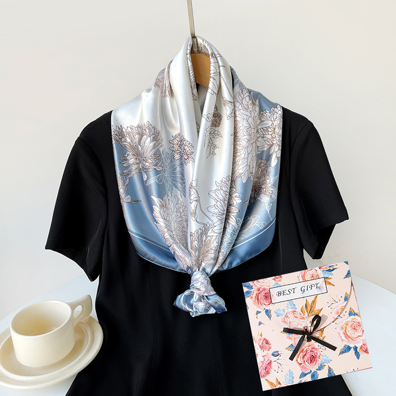 Blue Gift Box Set Elegant 90x90cm Women's Square Scarf - Vintage Floral Print