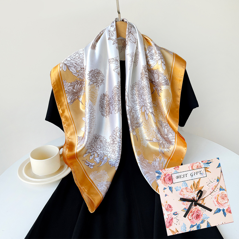 Yellow Gift Box Set Elegant 90x90cm Women's Square Scarf - Vintage Floral