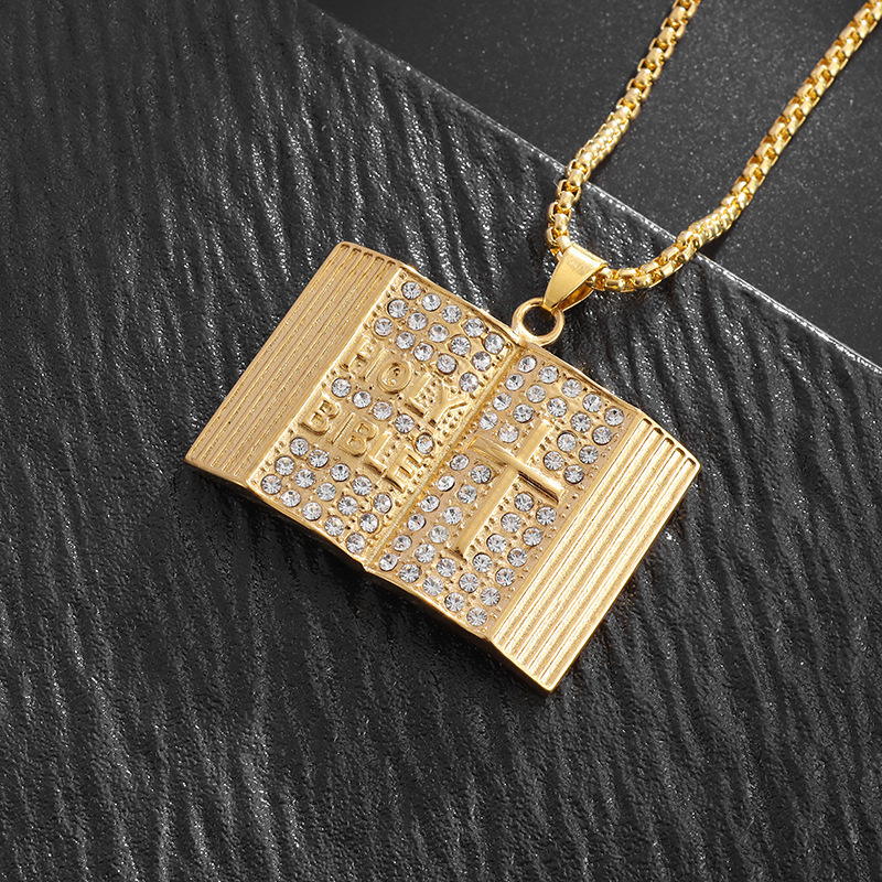 Aureate Vintage Holy Bible Book Pendant Necklace - Plated Alloy Cross