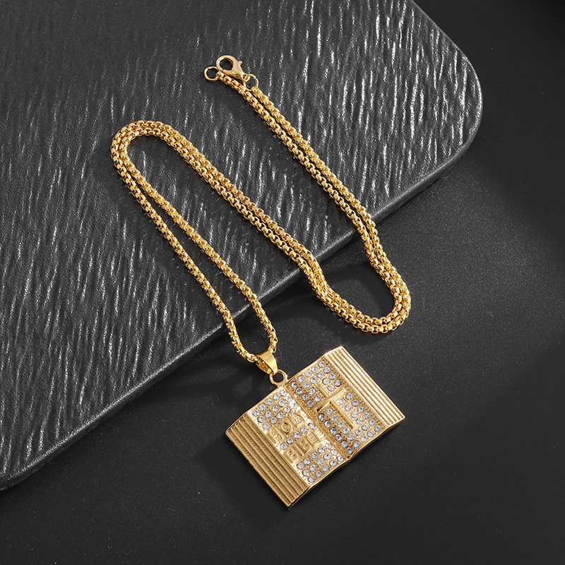 Aureate Vintage Holy Bible Book Pendant Necklace - Plated Alloy Cross view 2
