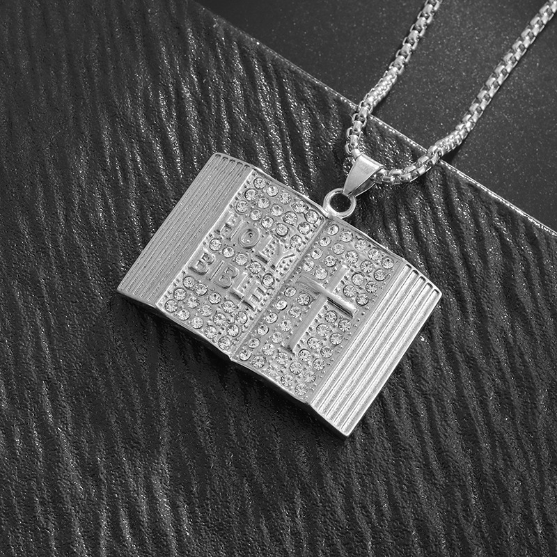 Steel-colored Vintage Holy Bible Book Pendant Necklace - Plated Alloy Cross