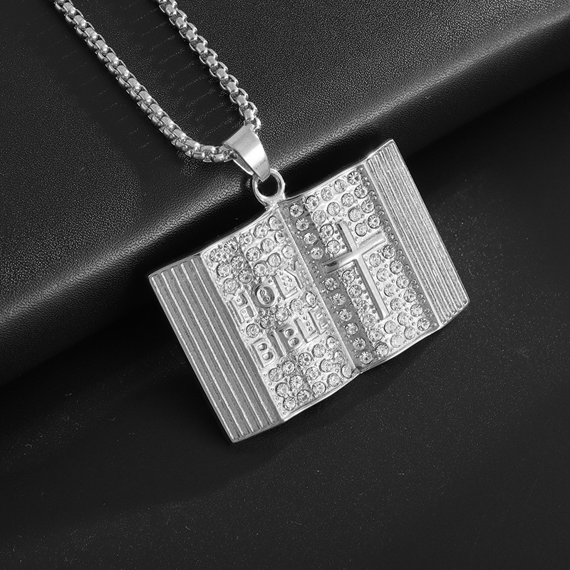 Steel-colored Vintage Holy Bible Book Pendant Necklace - Plated Alloy Cross view 3