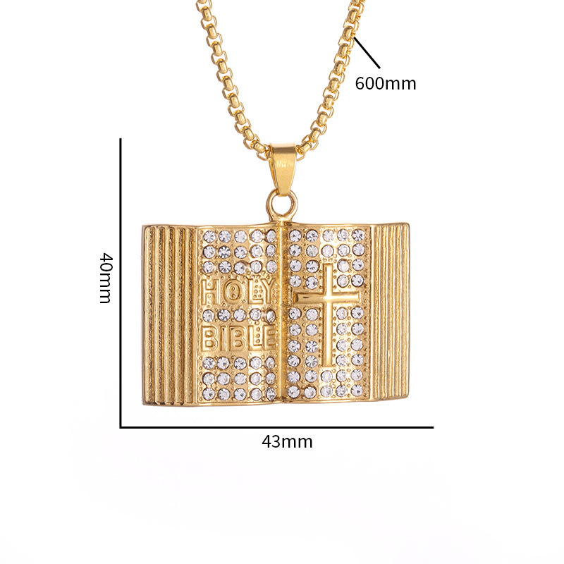 Steel-colored Vintage Holy Bible Book Pendant Necklace - Plated Alloy Cross view 4