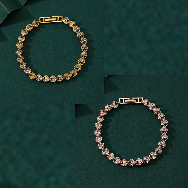2-piece Aureate and Rose Gold Luxury Crystal Heart Tennis Bracelet - European