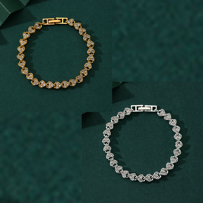 2-piece Aureate and Silvery Luxury Crystal Heart Tennis Bracelet - European