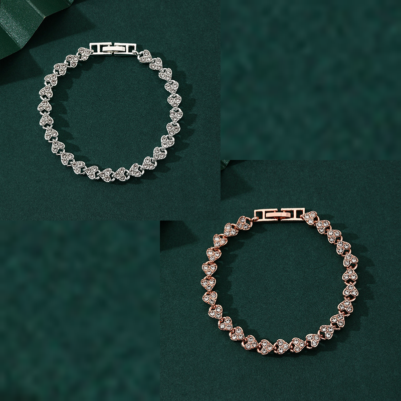 2-piece Silvery and Rose Gold Luxury Crystal Heart Tennis Bracelet - European