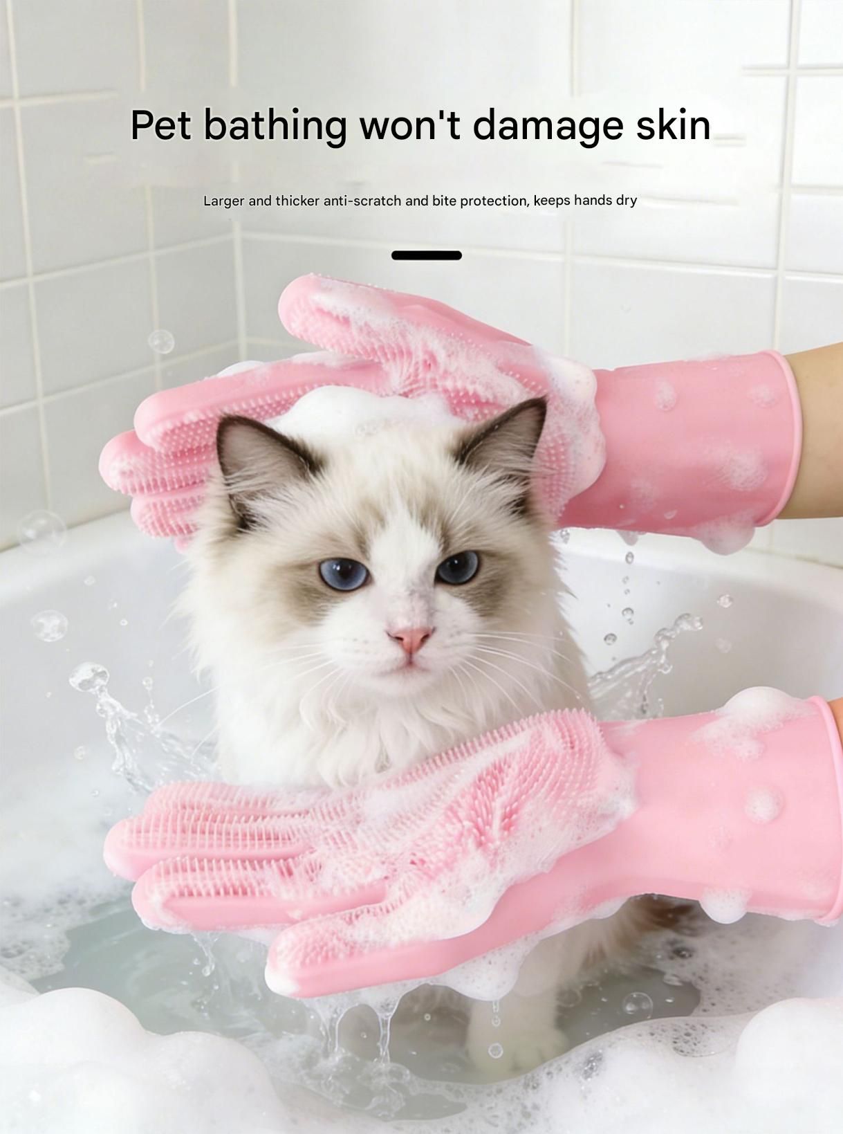 Blue Silicone Pet Bathing Gloves - Pink Double-Sided Design for Cats and Dogs view 5