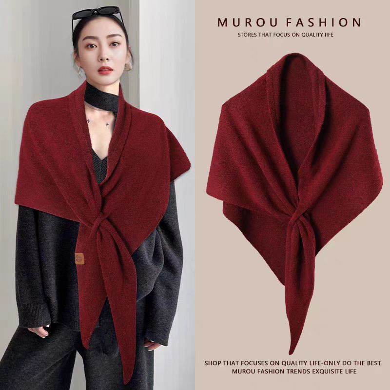 Red Women's Wool Blend Triangle Shawl - 70x180cm Knitted Winter Wrap - Warm