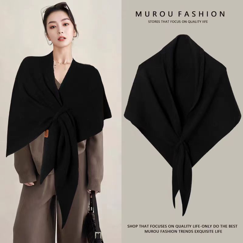 Black Women's Wool Blend Triangle Shawl - 70x180cm Knitted Winter Wrap - Warm