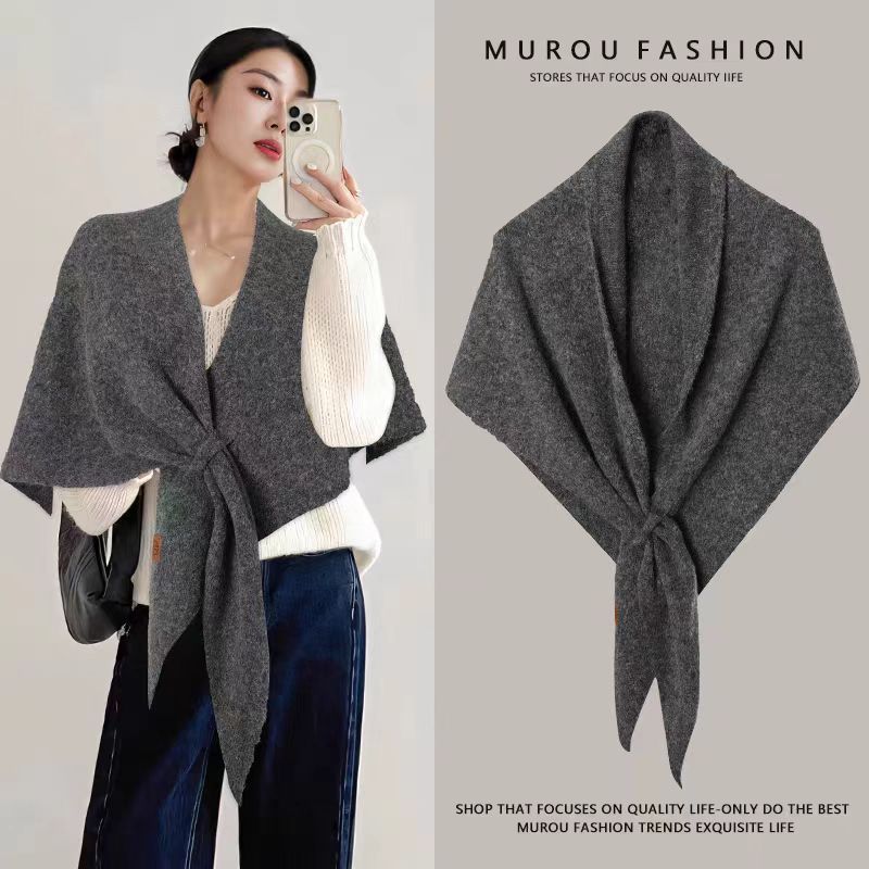 Dark gray Women's Wool Blend Triangle Shawl - 70x180cm Knitted Winter Wrap