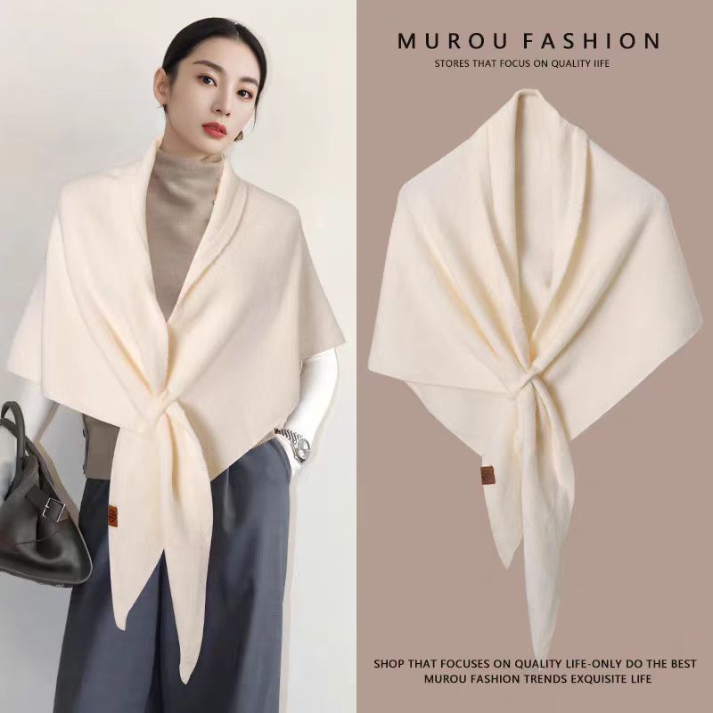 Beige Women's Wool Blend Triangle Shawl - 70x180cm Knitted Winter Wrap - Warm