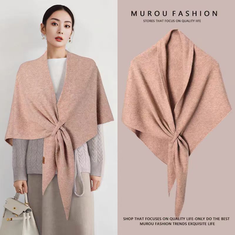 Pink Women's Wool Blend Triangle Shawl - 70x180cm Knitted Winter Wrap - Warm