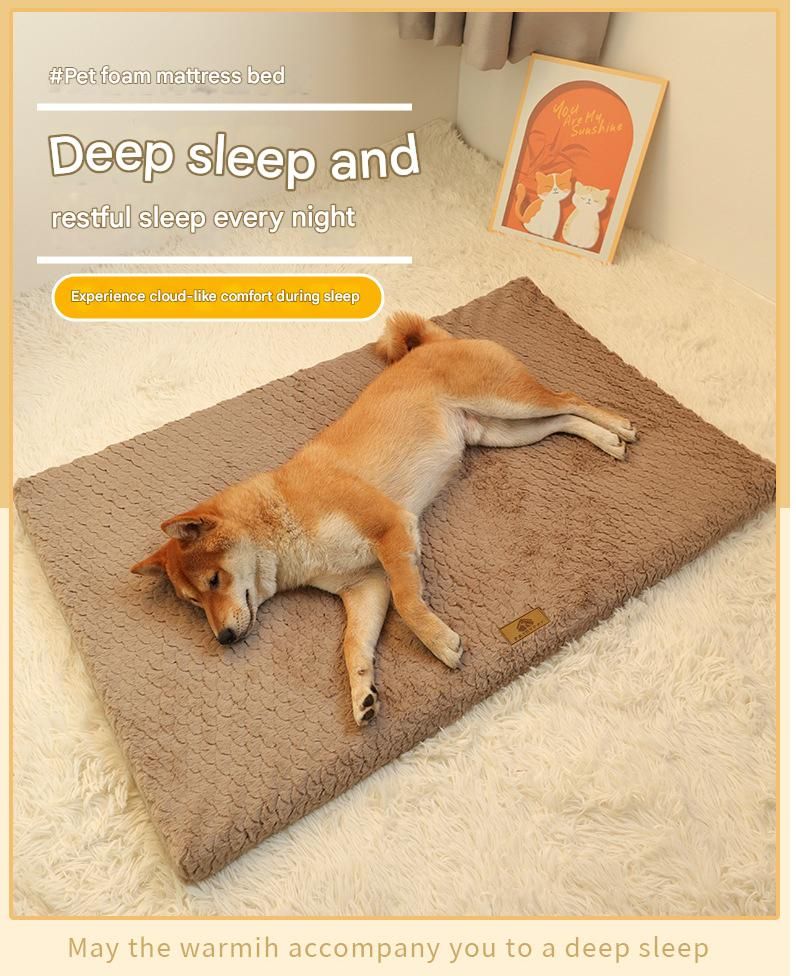 Grey L size Pet Dog Bed Mat - Plush Short Fur Cover with Wave Foam Padding view 2