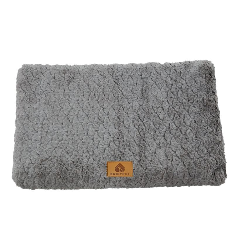 Grey XL size Pet Dog Bed Mat - Plush Short Fur Cover with Wave Foam Padding