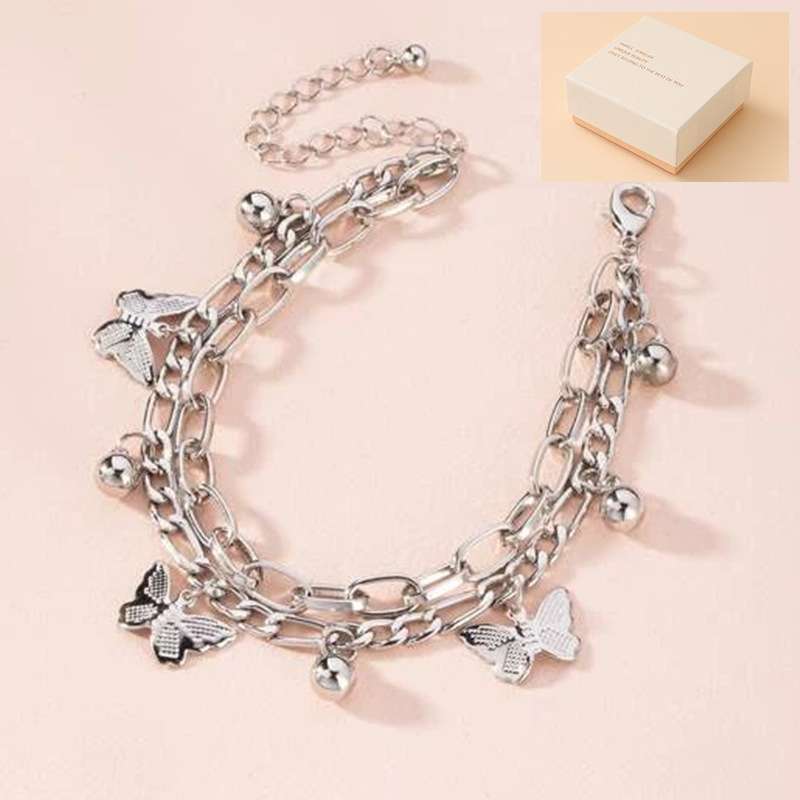 Silvery Butterfly Charm Layered Chain Bracelet - Gold and Silver Alloy Finish