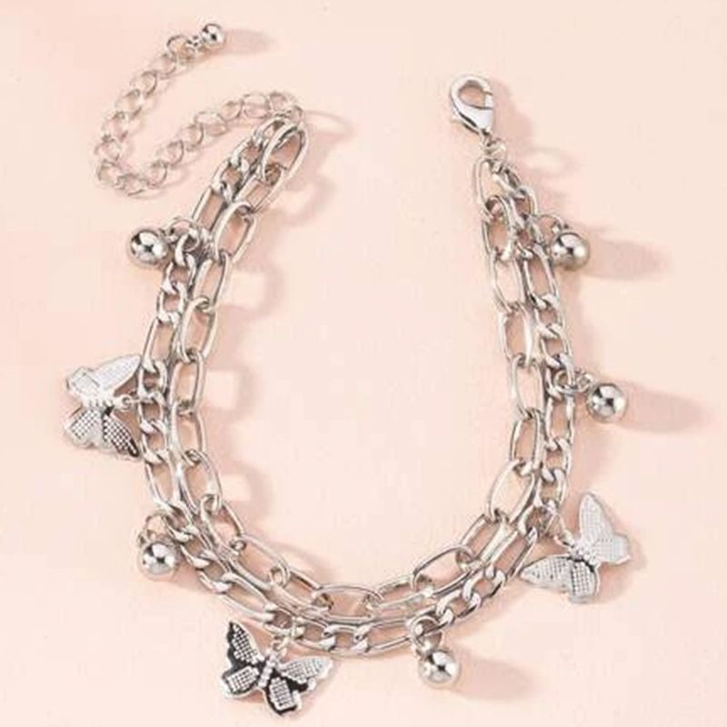 Silvery Butterfly Charm Layered Chain Bracelet - Gold and Silver Alloy Finish view 3
