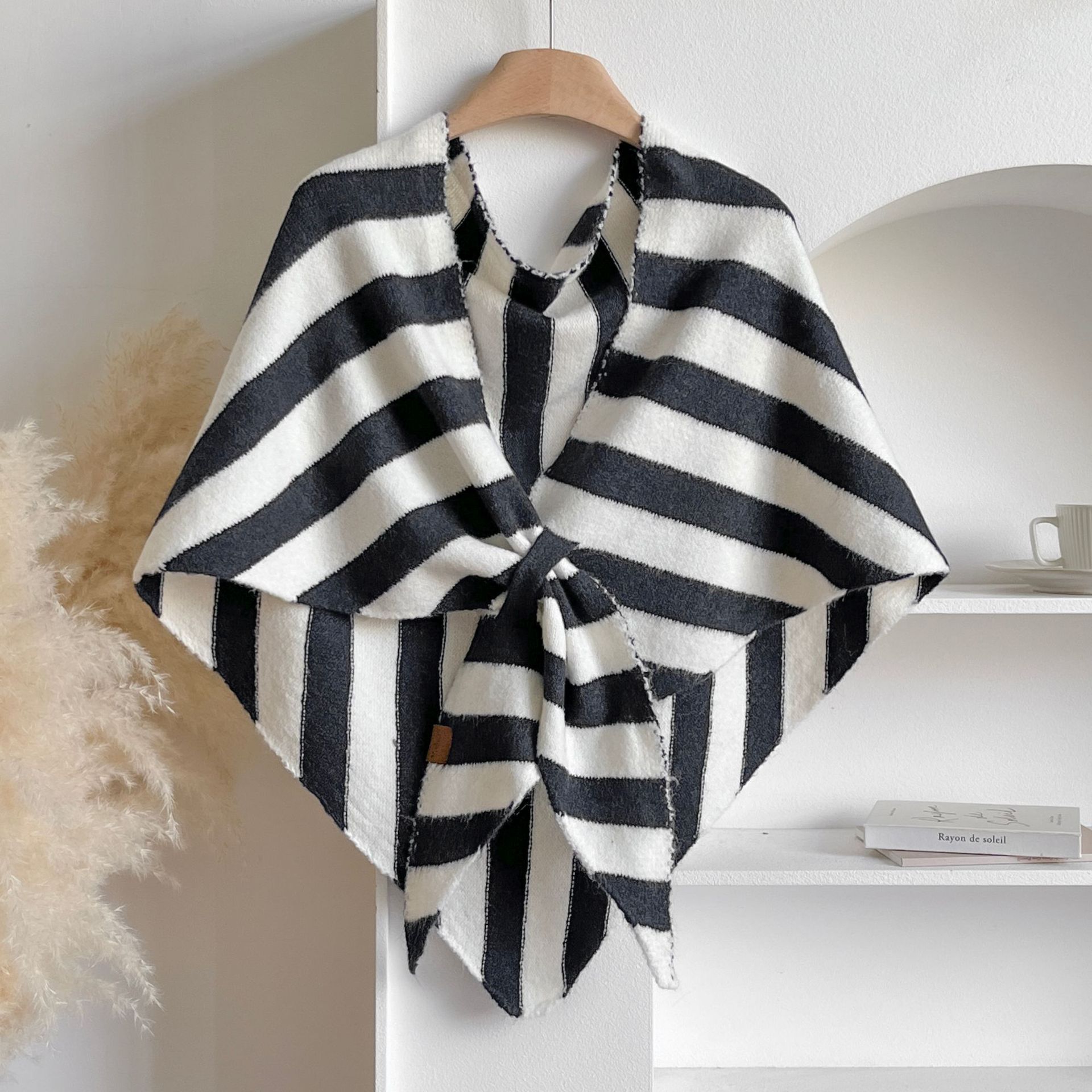 Black Striped Women's Triangle Shawl Cape - Soft Knit Faux Cashmere Poncho Wrap