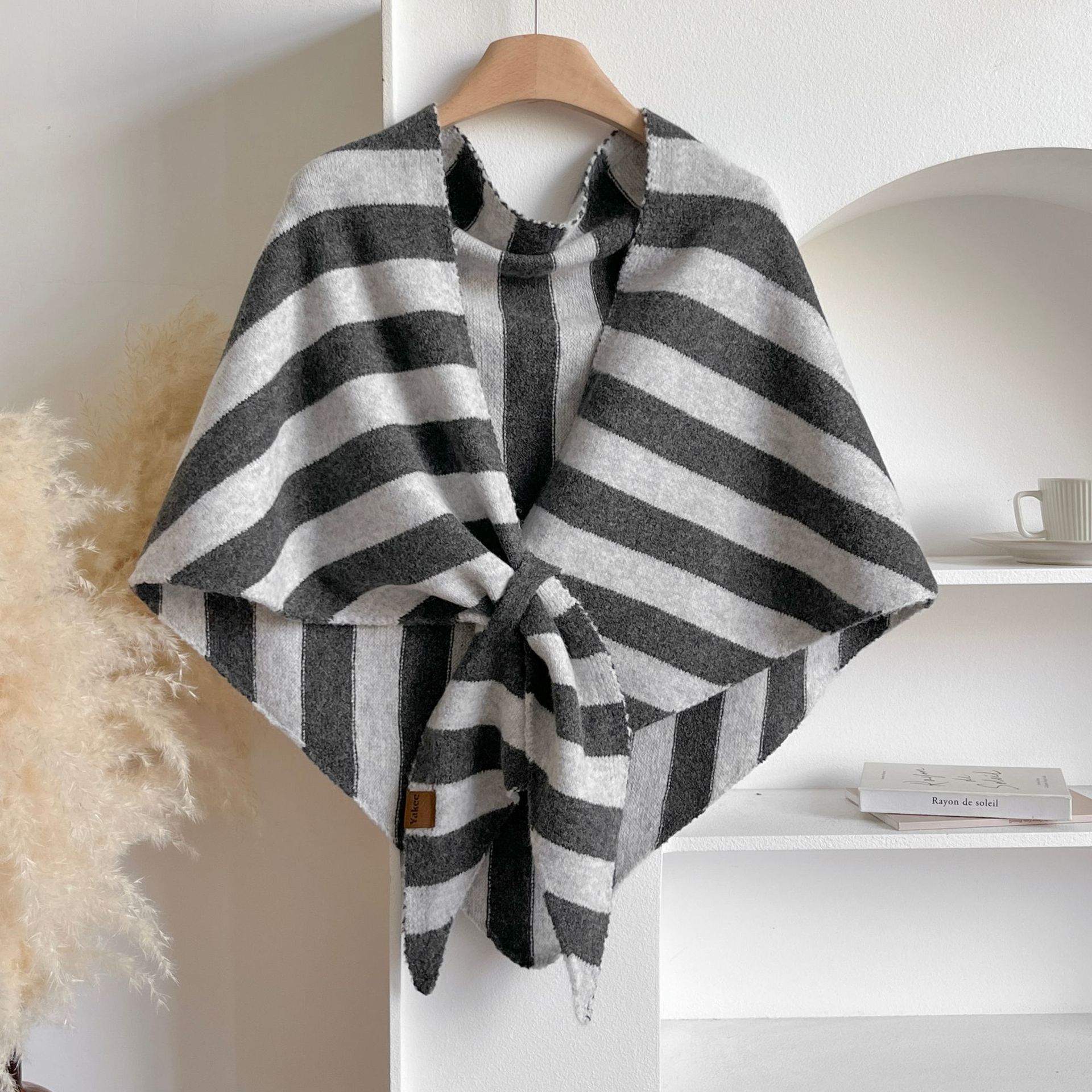 Grey Striped Women's Triangle Shawl Cape - Soft Knit Faux Cashmere Poncho Wrap