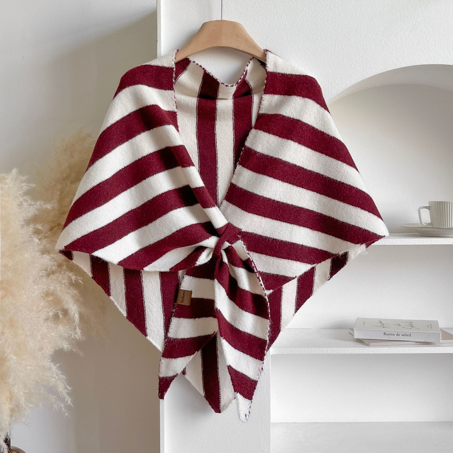 Red Striped Women's Triangle Shawl Cape - Soft Knit Faux Cashmere Poncho Wrap