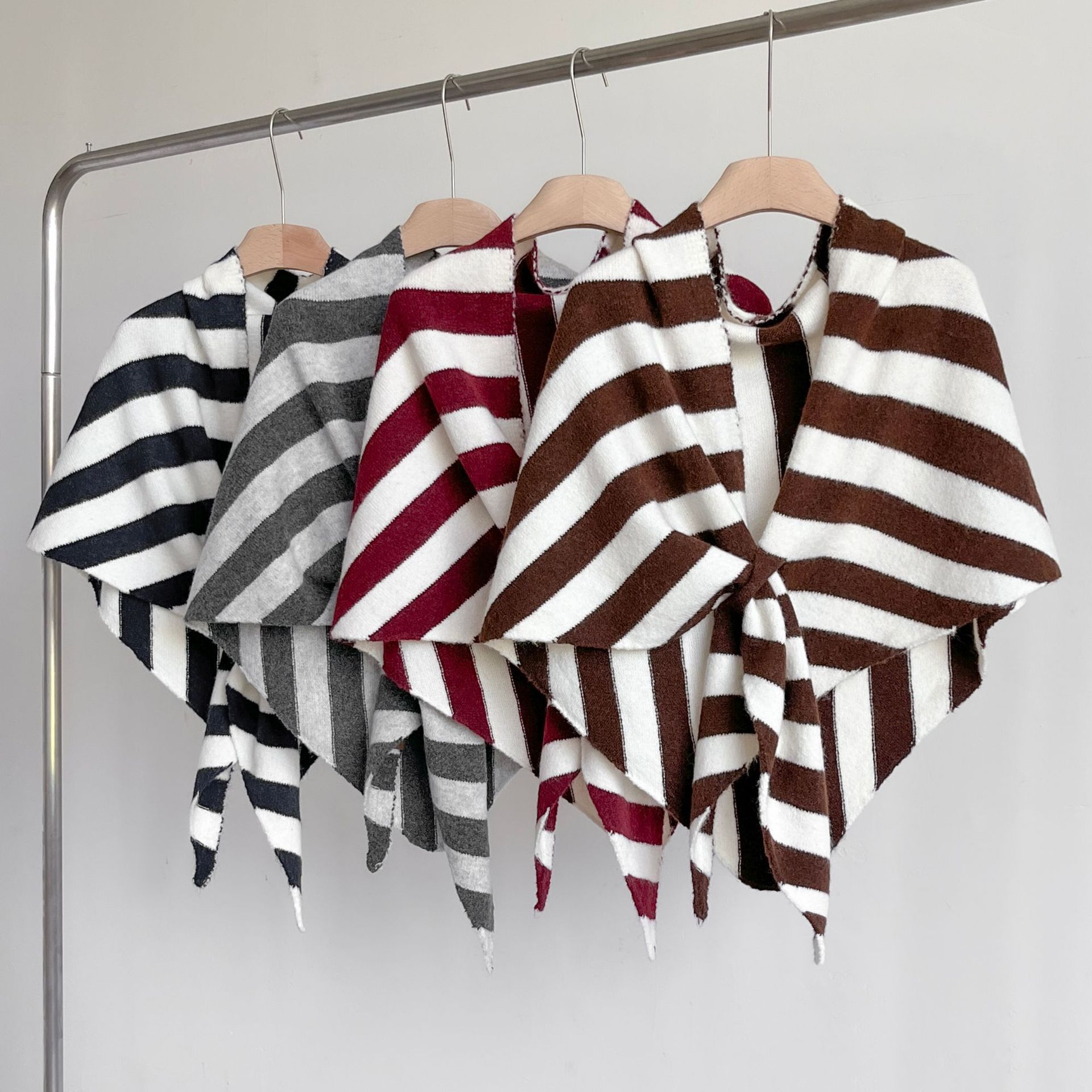 Red Striped Women's Triangle Shawl Cape - Soft Knit Faux Cashmere Poncho Wrap view 4